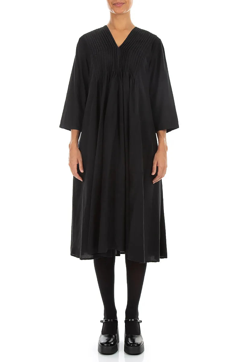 Robe romantique en soie et Bambou noirs, à plis piqués