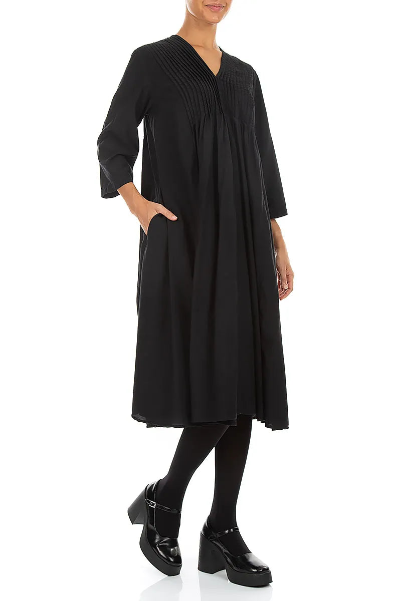 Robe romantique en soie et Bambou noirs, à plis piqués