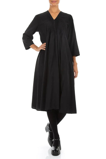 Robe romantique en soie et Bambou noirs, à plis piqués