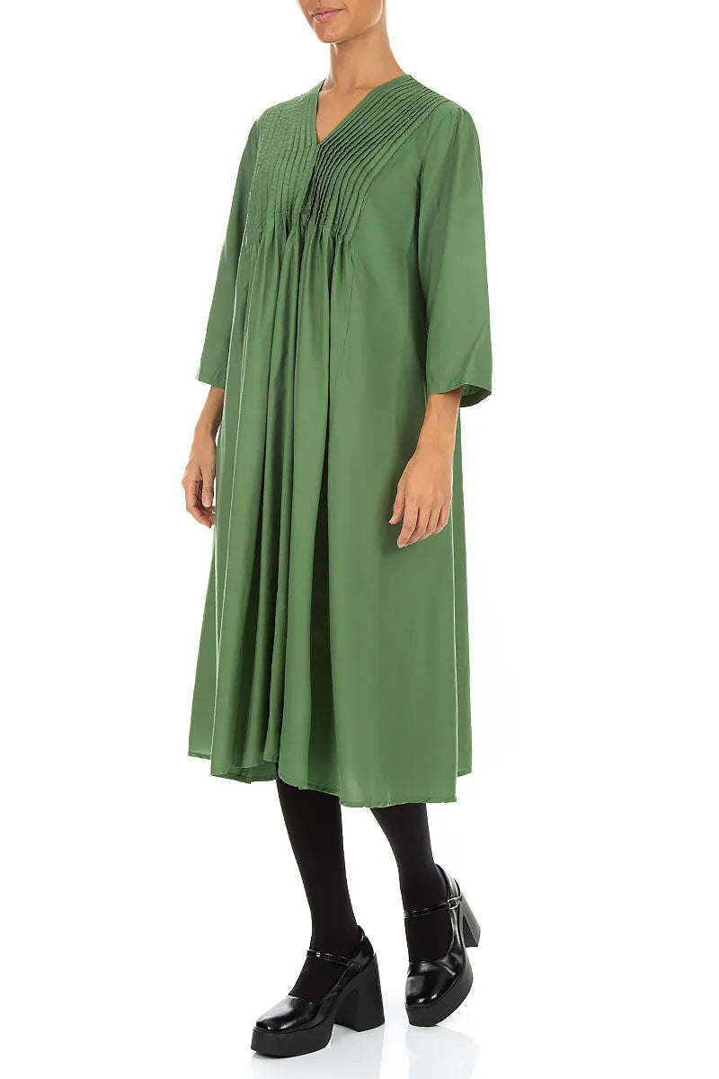 Robe romantique à plis nervurés en soie et Bambou vert trèfle