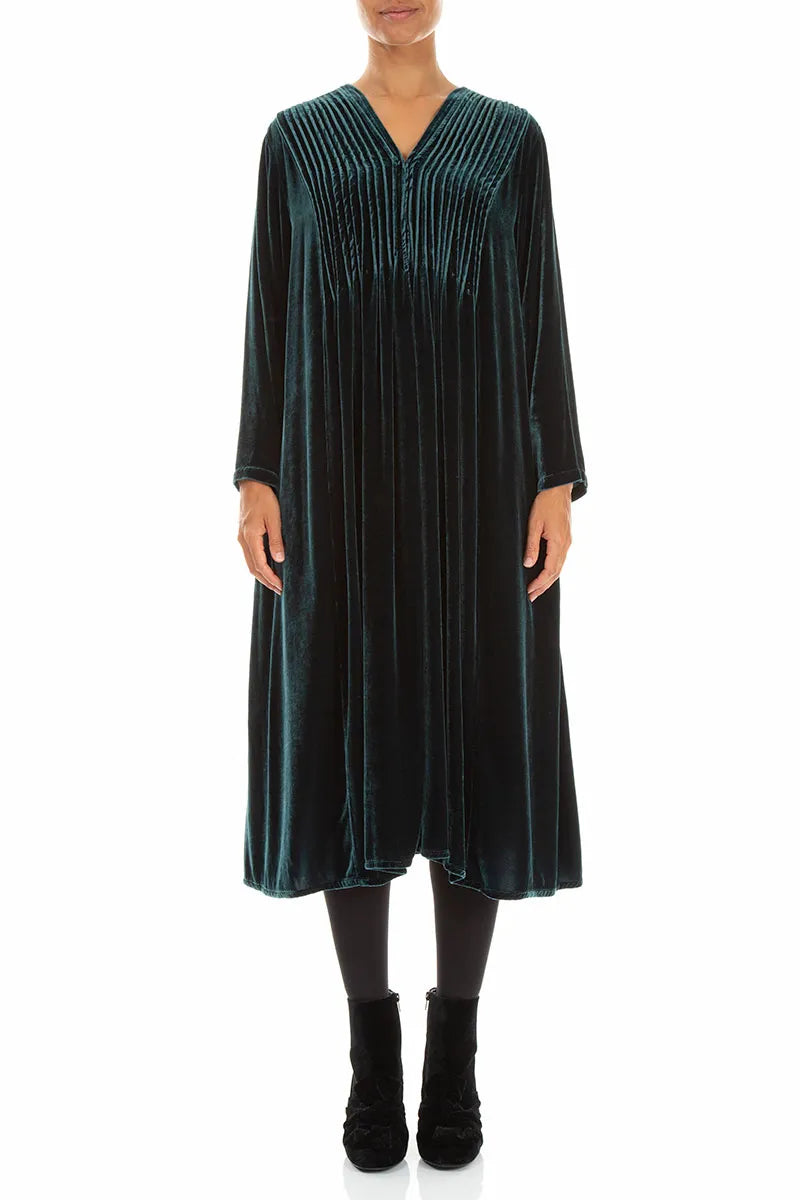 Romantic Pintuck Deep Turquoise Silk Velvet Dress