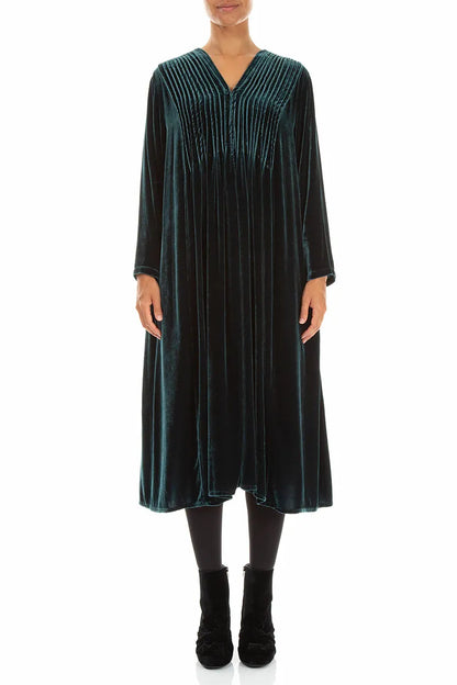 Romantic Pintuck Deep Turquoise Silk Velvet Dress