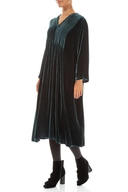Romantic Pintuck Deep Turquoise Silk Velvet Dress