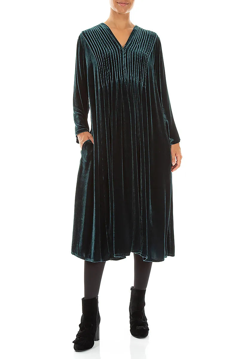 Romantic Pintuck Deep Turquoise Silk Velvet Dress 4