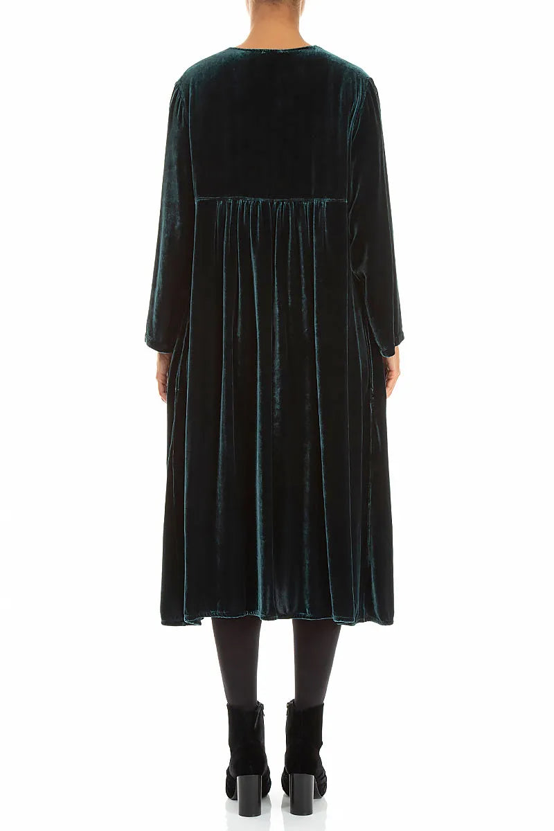 Romantic Pintuck Deep Turquoise Silk Velvet Dress
