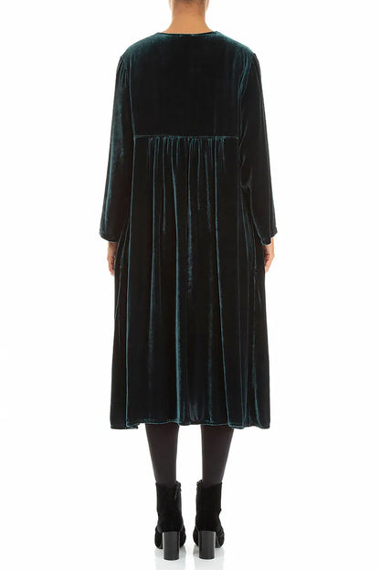 Romantic Pintuck Deep Turquoise Silk Velvet Dress