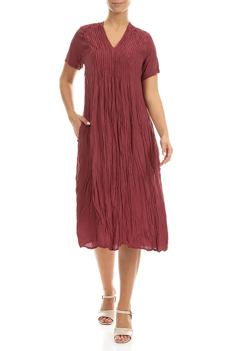 Romantic Short Sleeves Antique Ruby Crumpled Viscose Dress 4