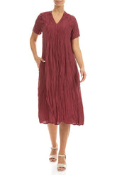Romantic Short Sleeves Antique Ruby Crumpled Viscose Dress 4