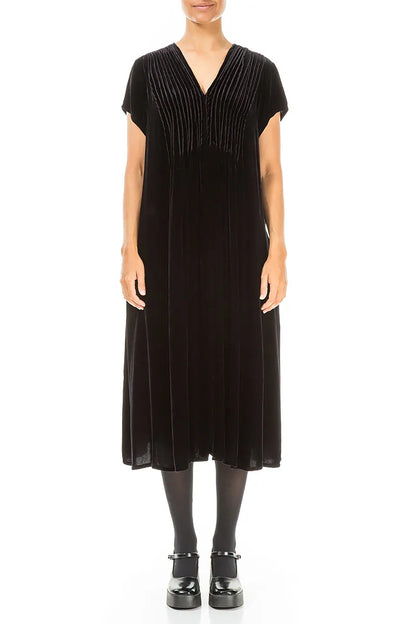 Romantic V-Neck Slate Blue Silk Velvet Dress 1