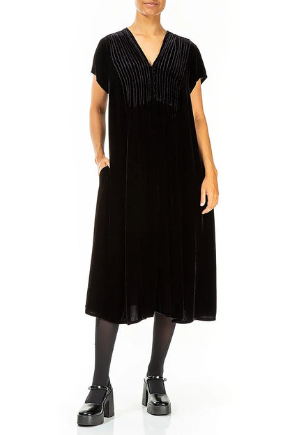 Romantic V-Neck Slate Blue Silk Velvet Dress 3