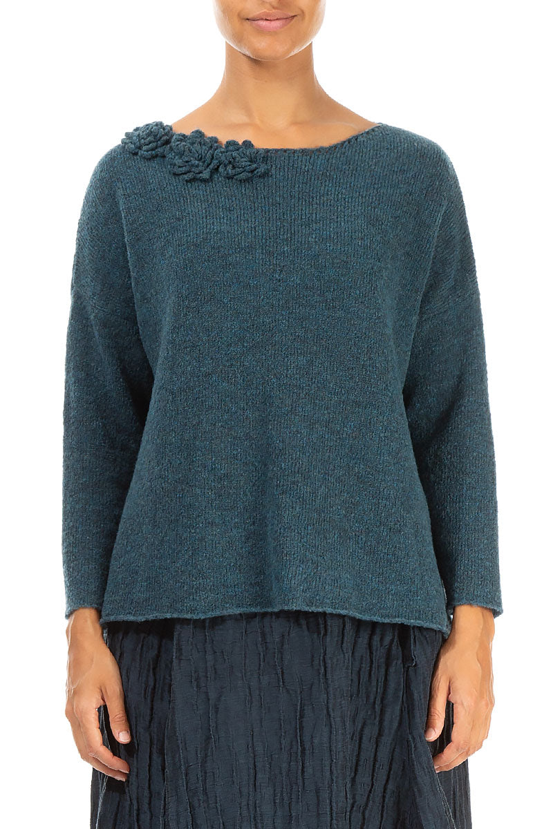 Rosette Teal Wool Sweater