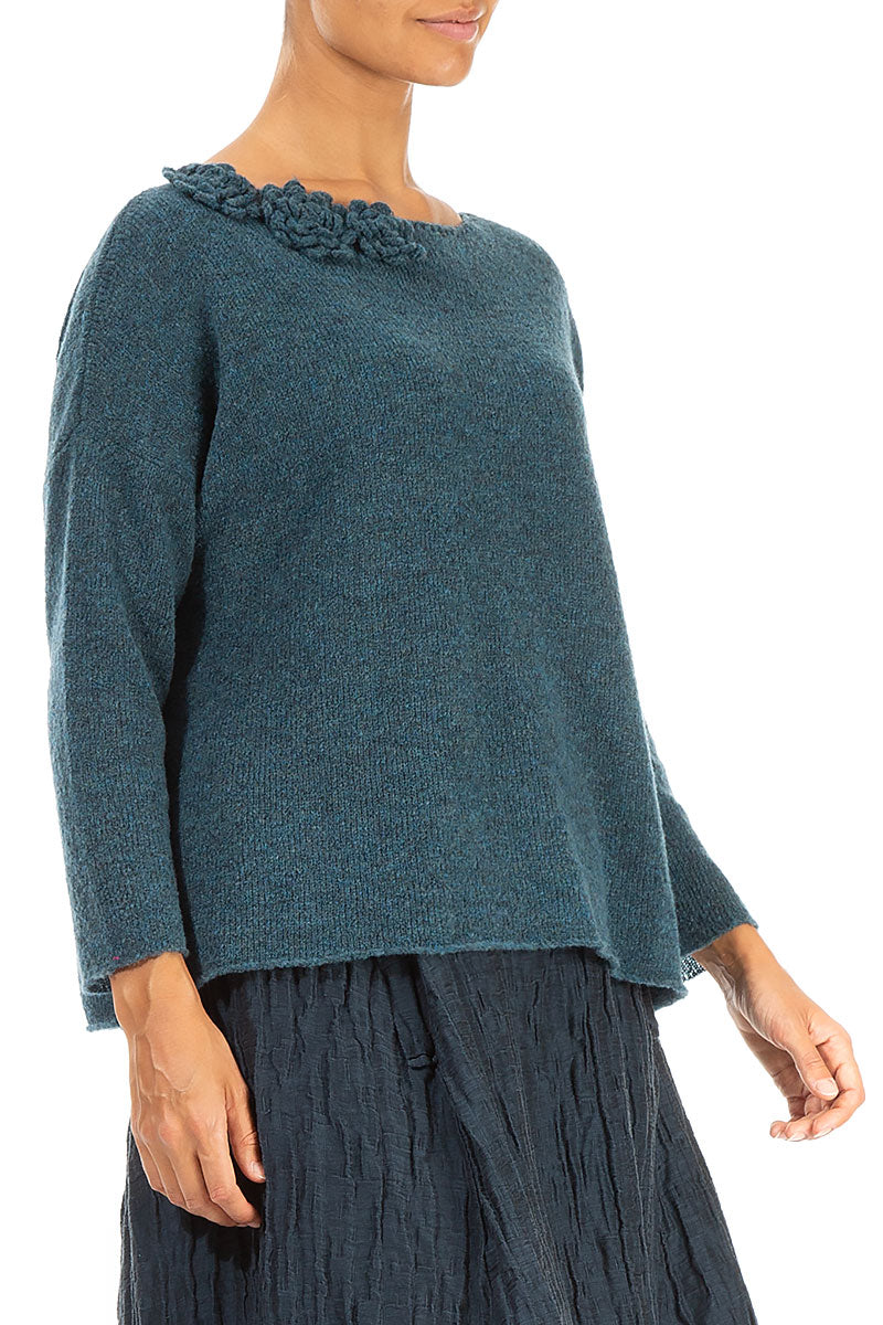 Rosette Teal Wool Sweater