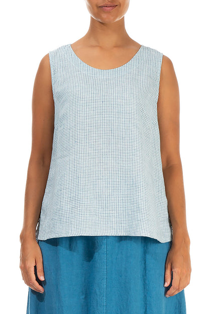 Round Neck Blue Check Linen Top 1