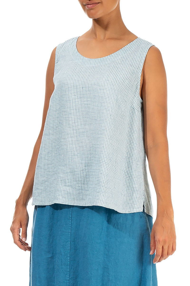 Round Neck Blue Check Linen Top 3