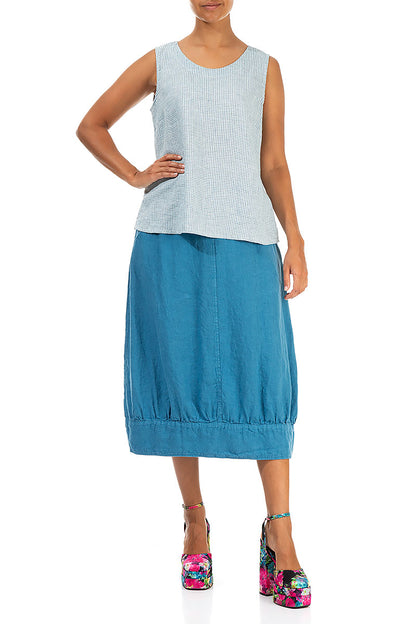 Round Neck Blue Check Linen Top 4