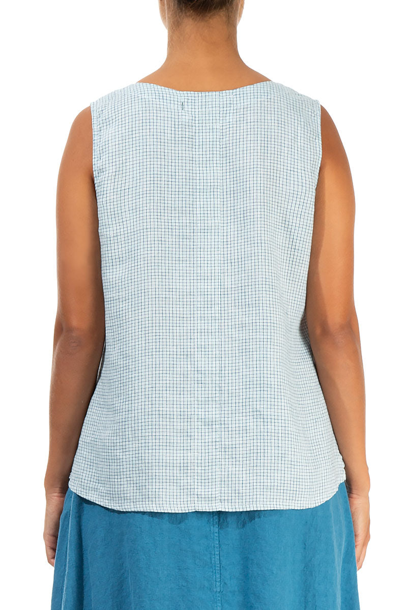 Round Neck Blue Check Linen Top 2