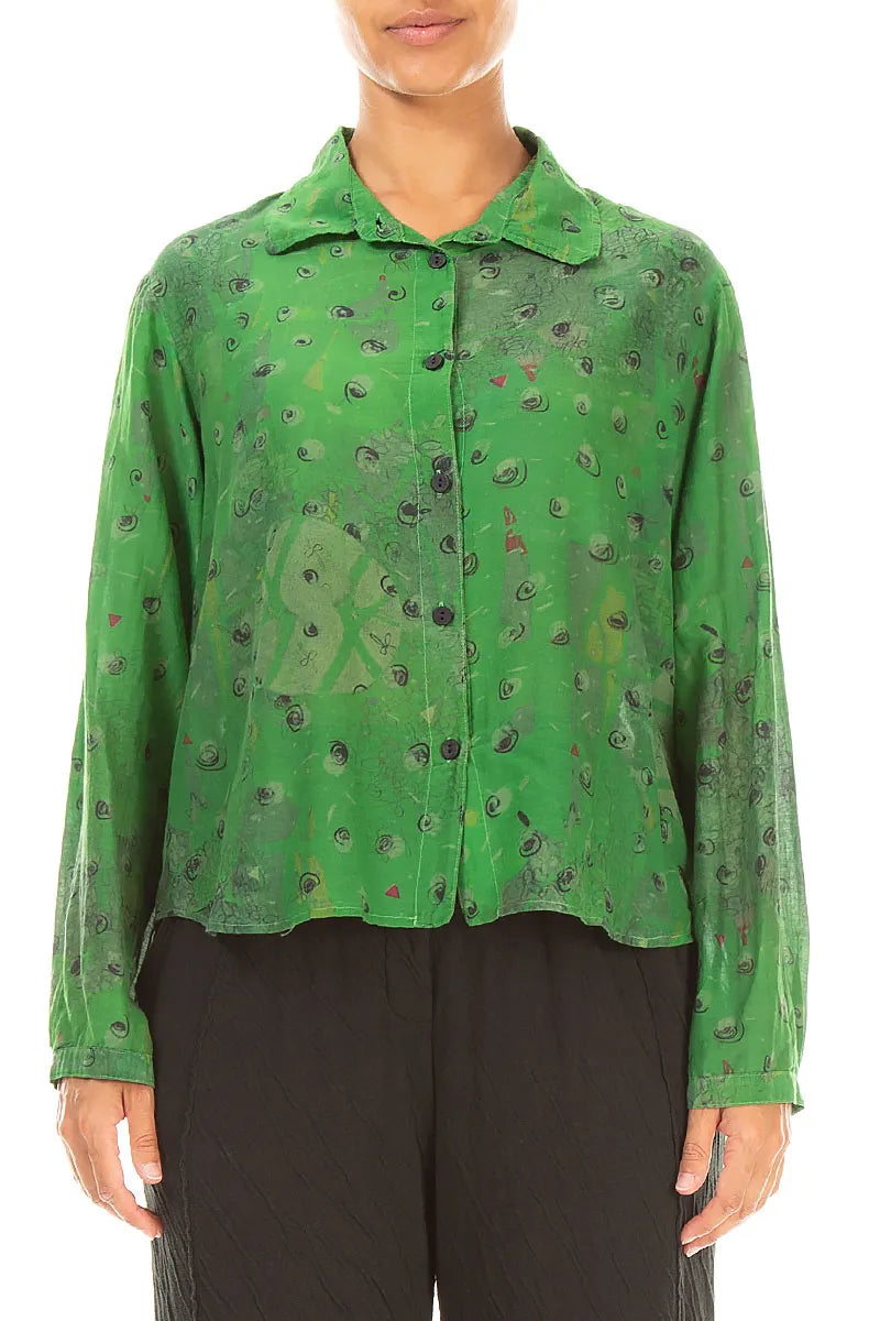 Rounded Hem Shamrock Green Meadow Silk Cotton Shirt