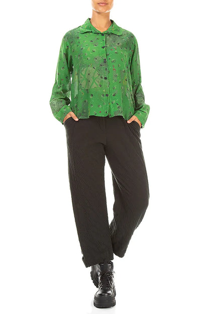Rounded Hem Shamrock Green Meadow Silk Cotton Shirt