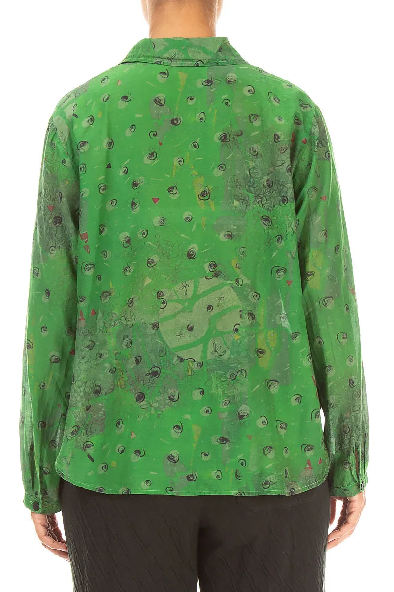Rounded Hem Shamrock Green Meadow Silk Cotton Shirt 2