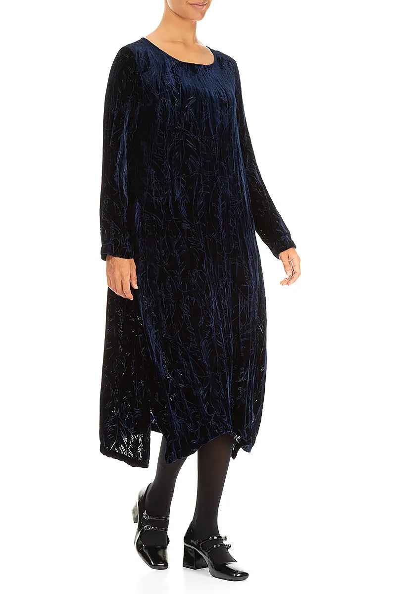 Royal Blue Devoré Feather Crumpled Silk Velvet Dress 3