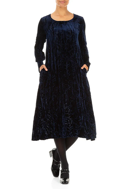 Royal Blue Devoré Feather Crumpled Silk Velvet Dress 4