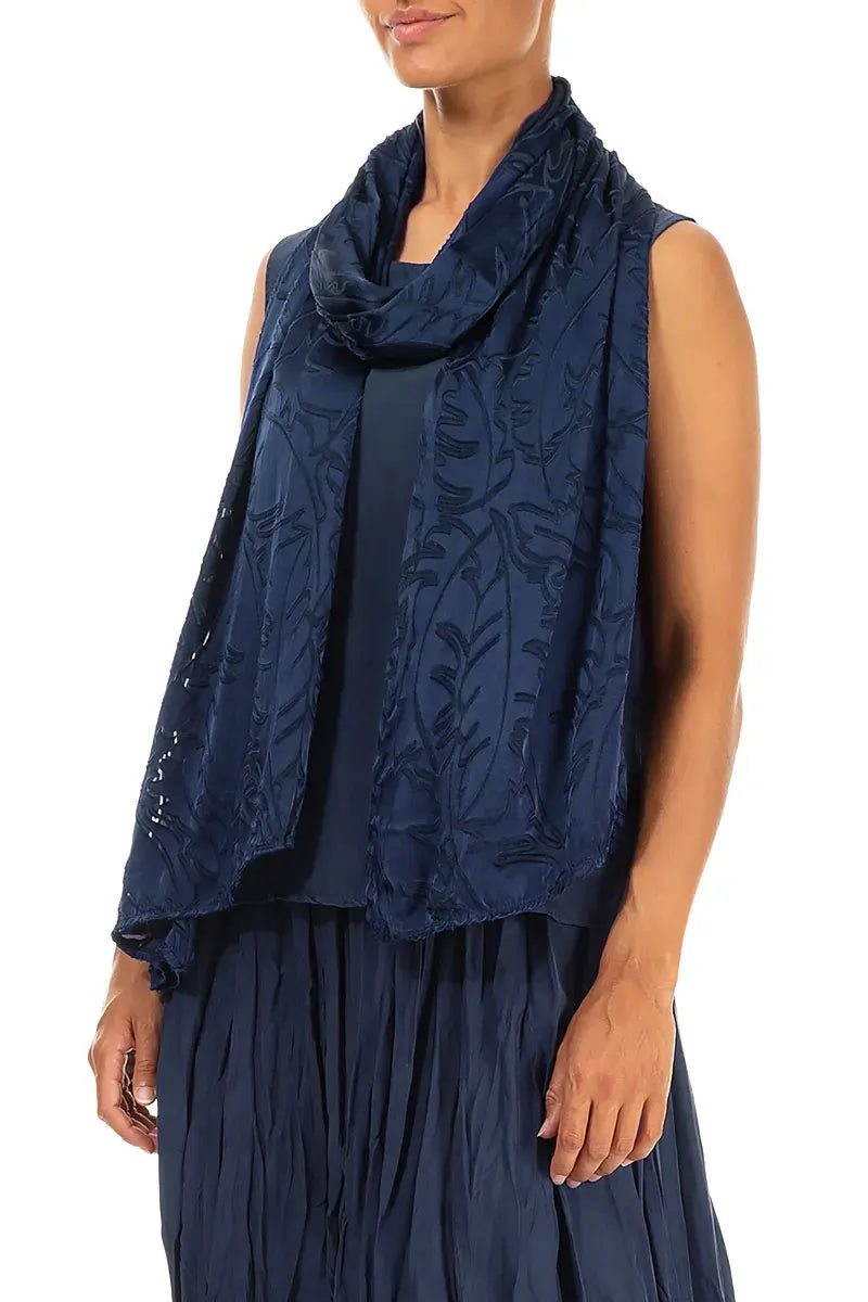 Royal Blue Devoré Feather Silk Scarf 3