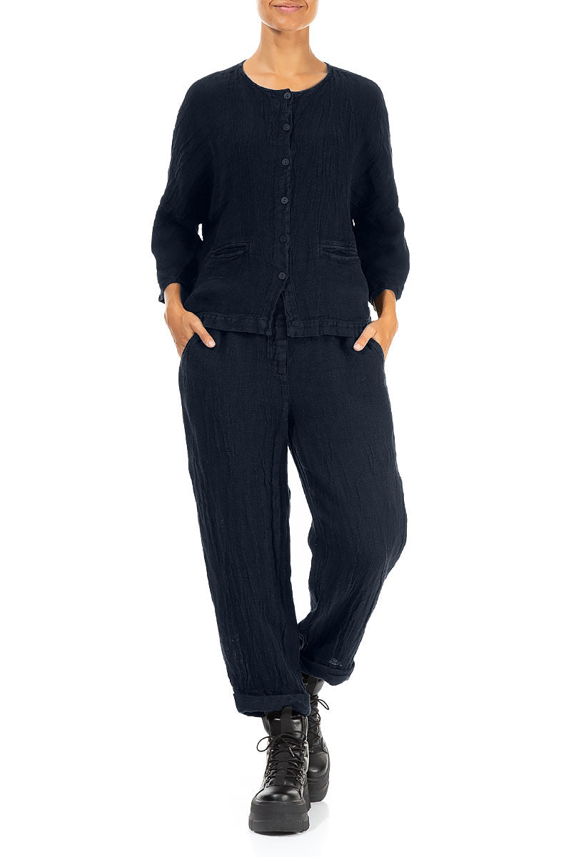 Royal Blue Mélange Linen Jacket Blouse 4