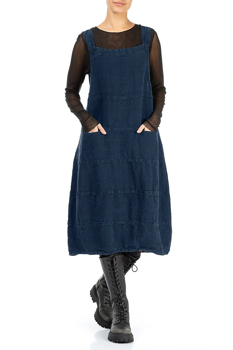 Royal Blue Patterned Linen Dungaree Dress