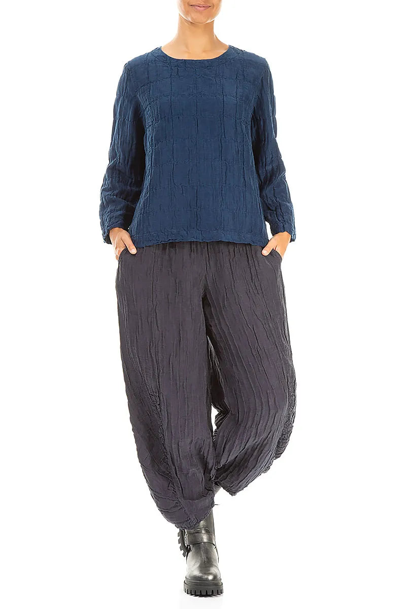 Royal Blue Pleated Silk Linen Blouse 4