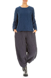 Royal Blue Pleated Silk Linen Blouse 4