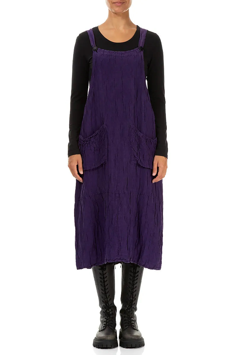 Royal Purple Crinkled Silk Linen Dungaree Dress 1