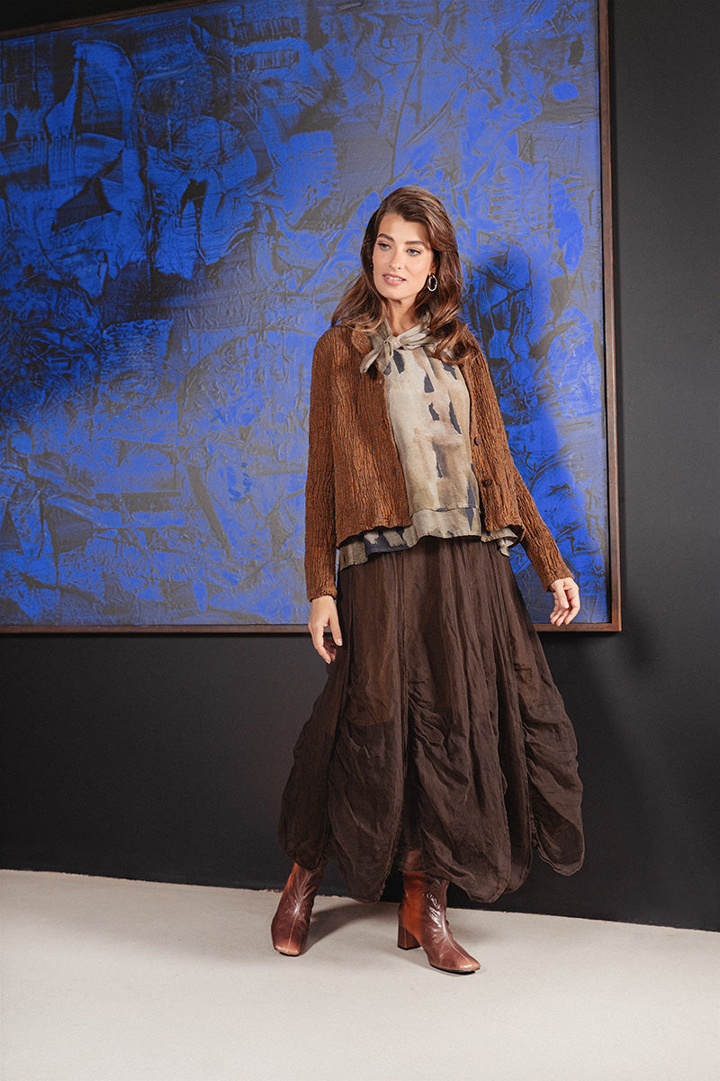 Ruched Aged Copper Silk Chiffon Skirt 8