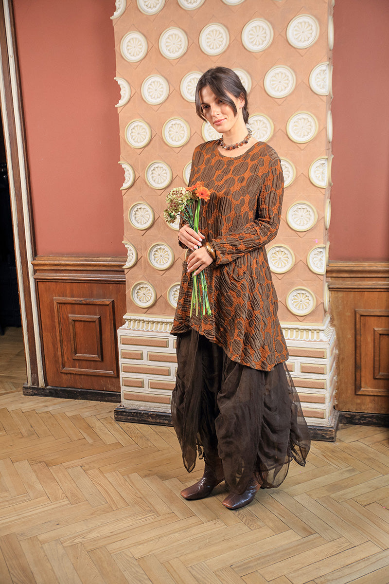 Ruched Aged Copper Silk Chiffon Skirt 6