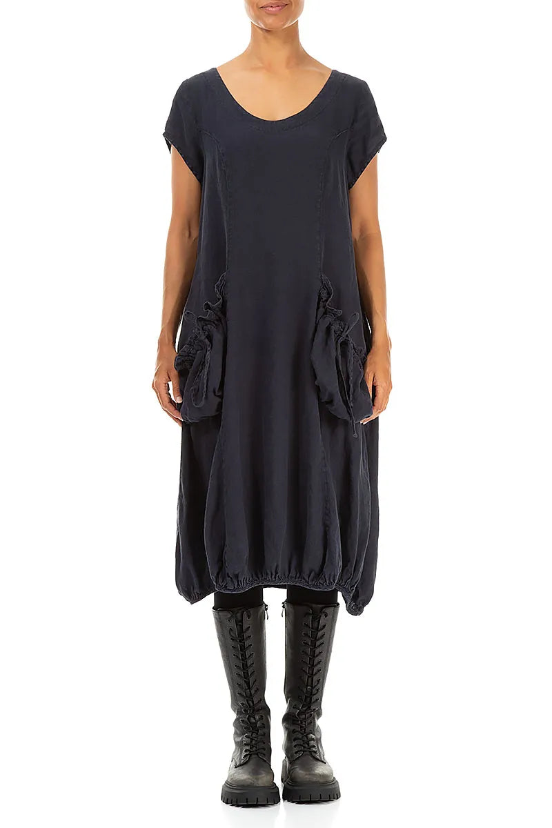 Ruched Balloon Slate Blue Linen Dress 1