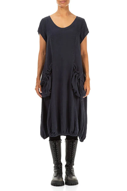 Ruched Balloon Slate Blue Linen Dress 1
