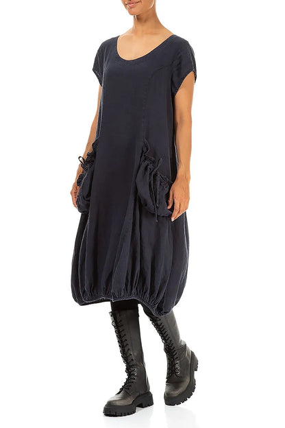 Ruched Balloon Slate Blue Linen Dress 3