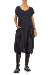 Ruched Balloon Slate Blue Linen Dress 4