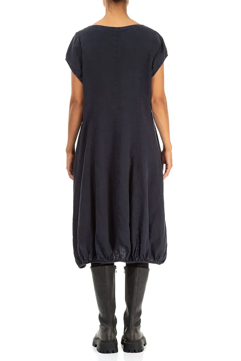 Ruched Balloon Slate Blue Linen Dress 2