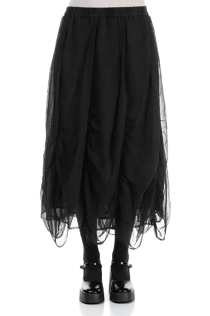 Ruched Black Silk Chiffon Skirt 1