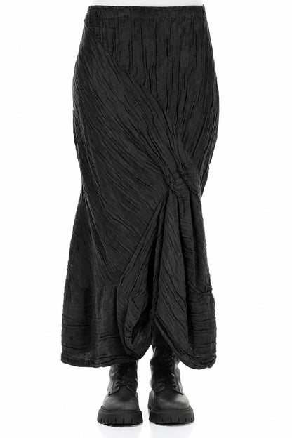 Ruched Crinkled Charcoal Silk Linen Skirt