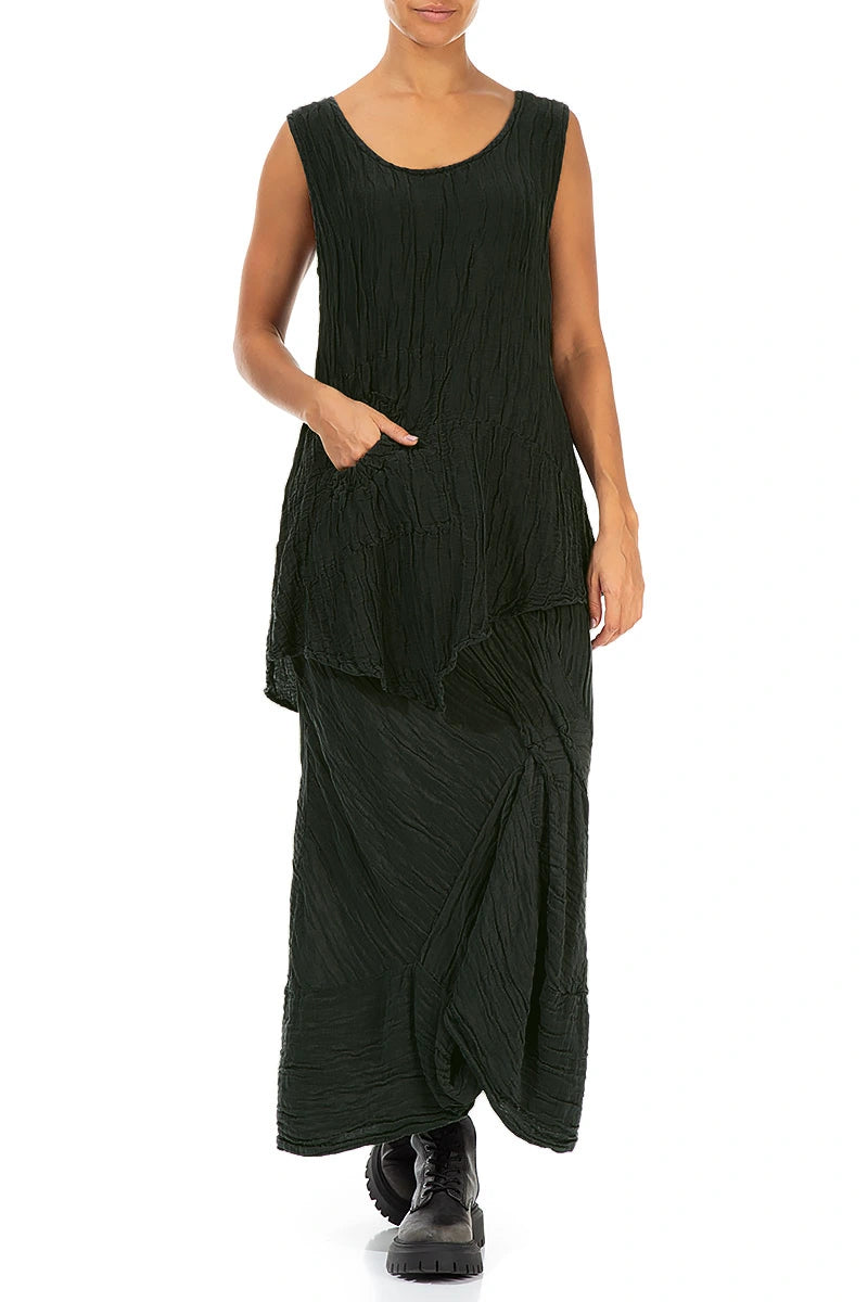 Ruched Crinkled Dark Khaki Silk Linen Skirt