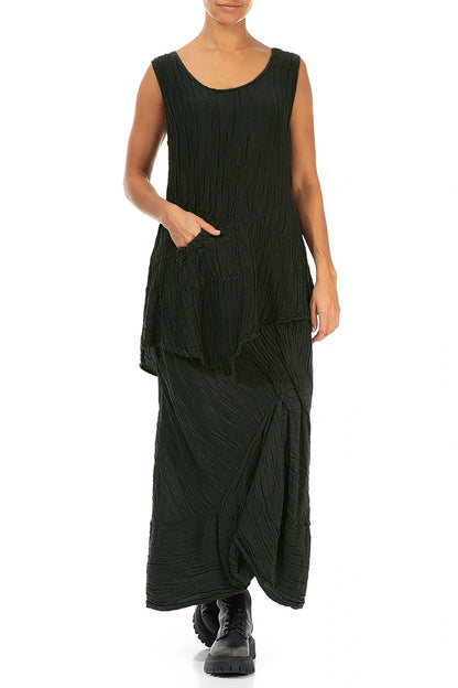 Ruched Crinkled Dark Khaki Silk Linen Skirt