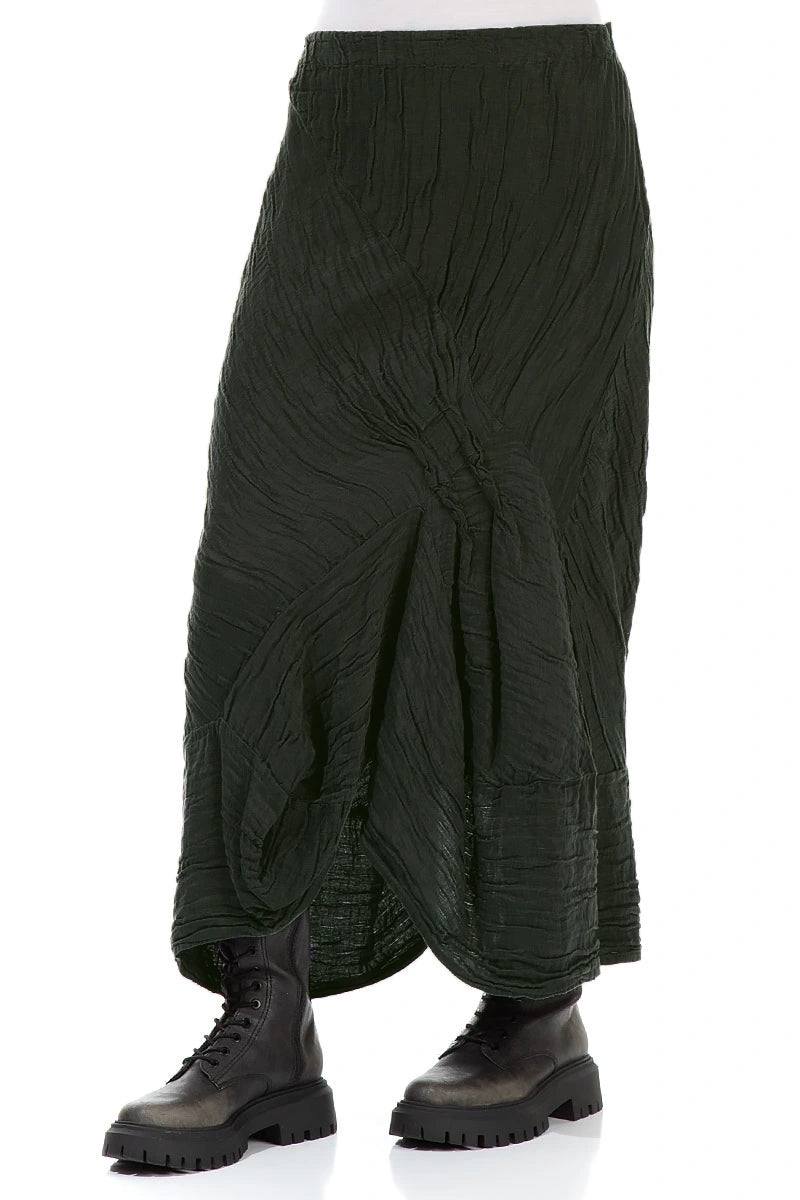 Ruched Crinkled Dark Khaki Silk Linen Skirt