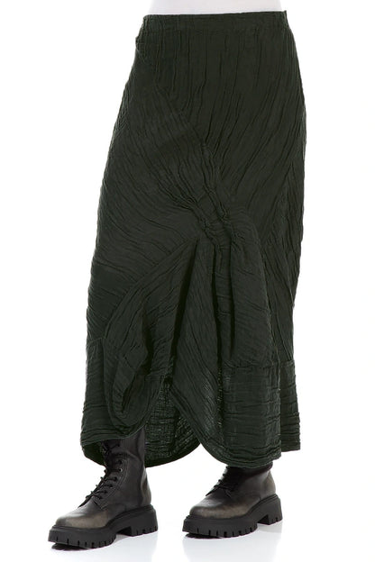 Ruched Crinkled Dark Khaki Silk Linen Skirt