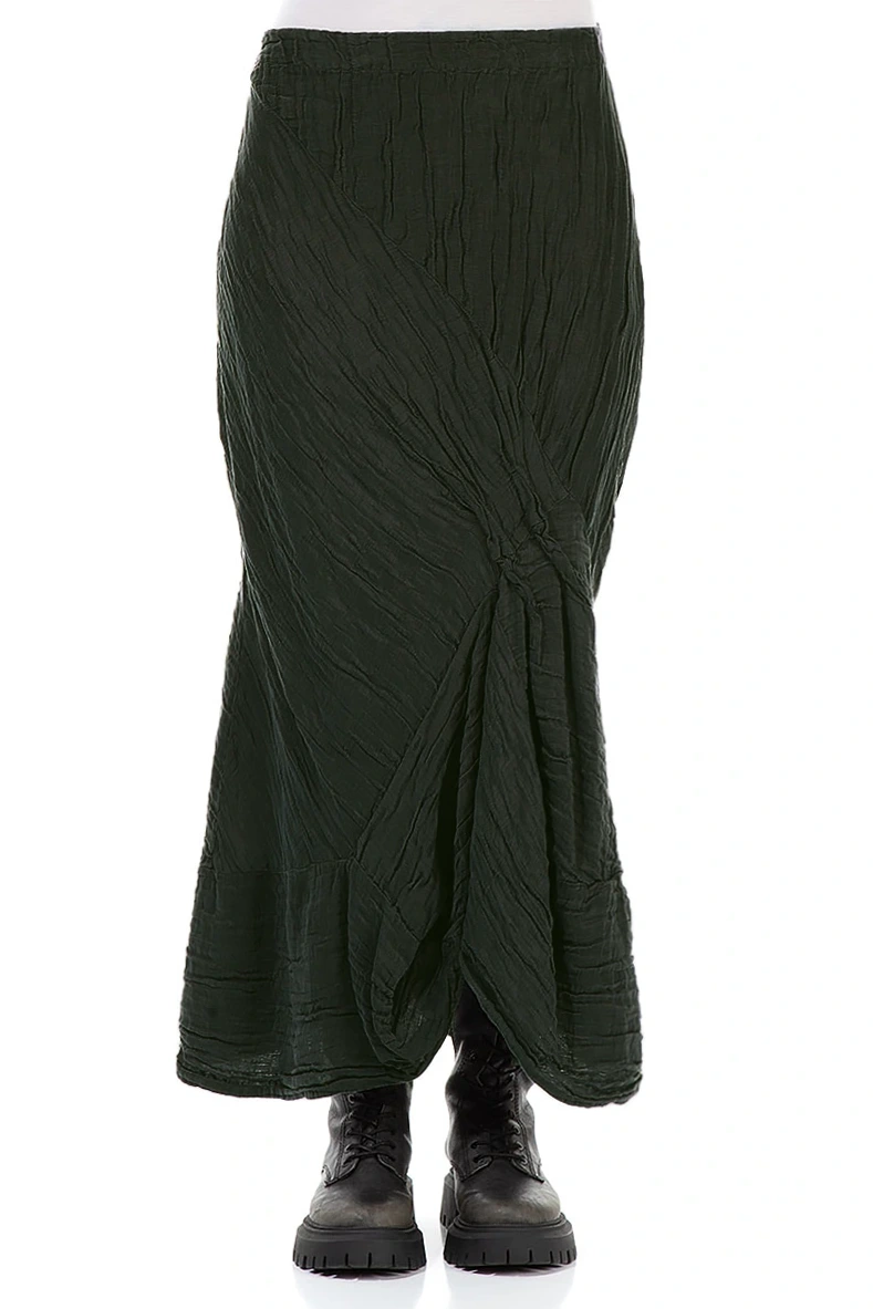 Ruched Crinkled Dark Khaki Silk Linen Skirt