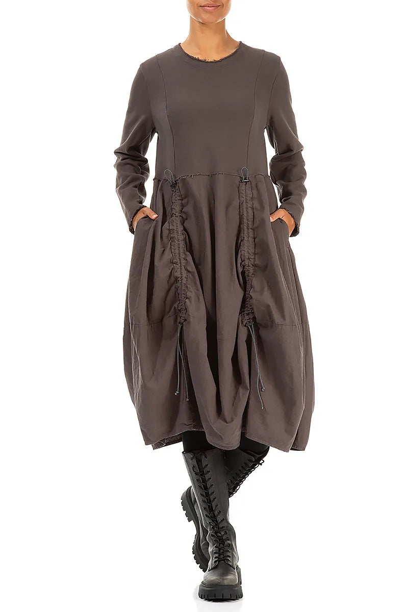Ruched Forest Brown Cotton Dress 4