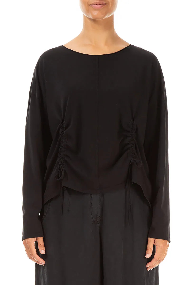 Ruched Front Black Cotton Blouse 1