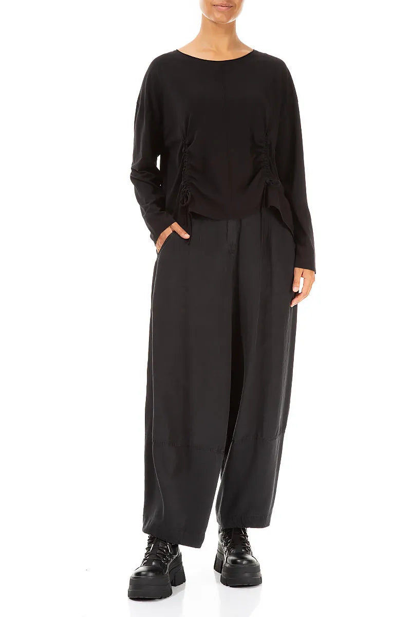 Ruched Front Black Cotton Blouse 4