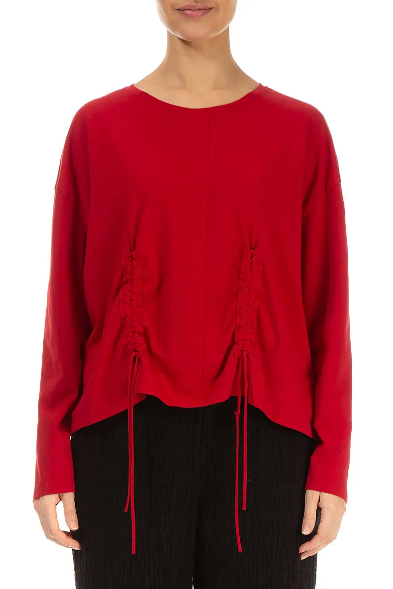 Ruched Front Cherry Red Cotton Blouse 1