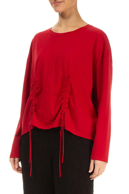 Ruched Front Cherry Red Cotton Blouse 3